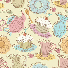 Hand drawing dishes silhouettes seamless