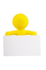 yellow little man holds a white banner with a place for the text