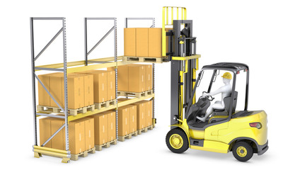 Forklift truck loads pallet on the rack