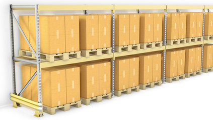 Row of pallet racks with boxes