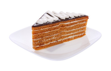 chocolate honey cake on white plate isolated on white background