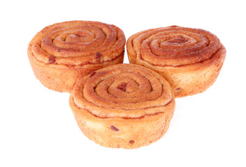 three fresh bake cinnamon roll isolated on white