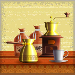 Set of coffee mill, turkish cezve, textile bags and cup. Eps10