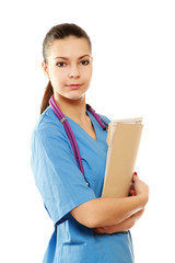 Obraz premium A female doctor with a folder, standing