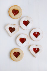 linzer homemade cookies with heart shape raspberry jam window
