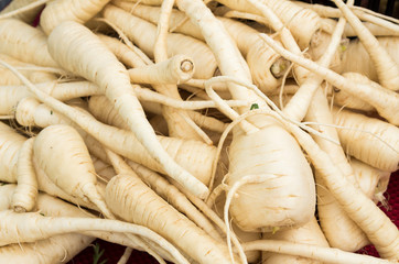 Parsnips on display at the market