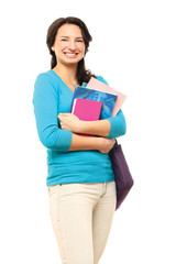 Fototapeta premium A smiling woman with books and a bag