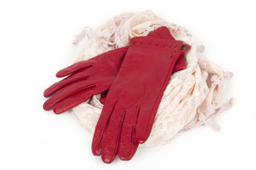 women's  leather gloves red and scarf, isolated on white