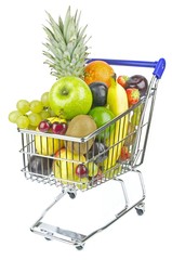 A shopping cart trolley filled with fresh fruit