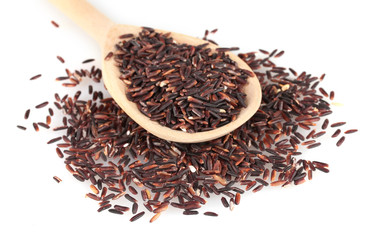 black rice  in wooden  spoon isolated on white background