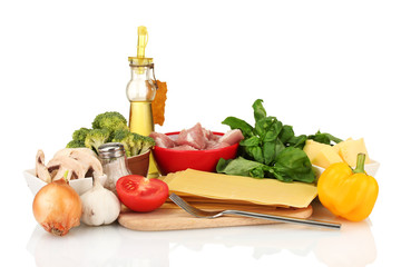Lasagna ingredients isolated on white