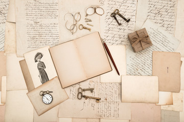 antique accessories, old letters and fashion drawing