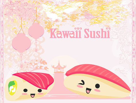 cute sushi cartoon illustration - vector card