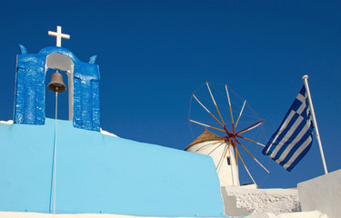 Church and windmill on Santorini island