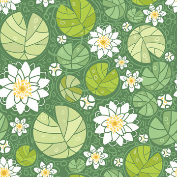 Vector Water Lillies Seamless Pattern Background With Hand Drawn