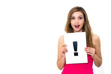 woman with board exclamation point