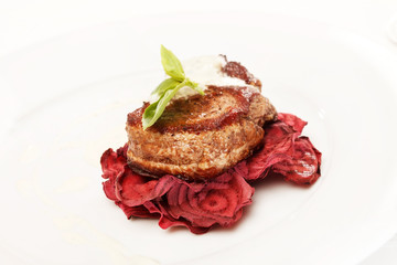 steak on the beet chips