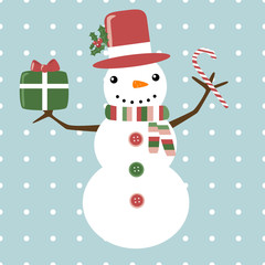 Christmas card with funny snowman with gift and candy