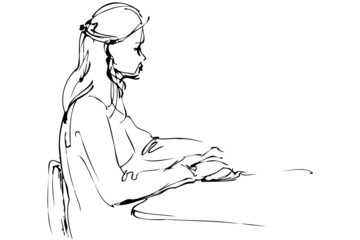sketch a beautiful girl is at a table