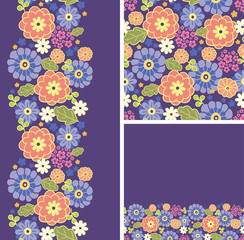 Vector set of purple flowers seamless pattern and borders