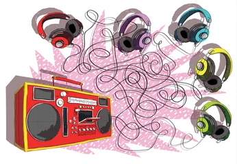 Abwaschbare Fototapete Pop Art Kopfhörer und Boom-Box-Labyrinth-Spiel ... Antwort: lila Kopfhörer