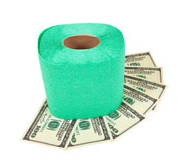 Roll of toilet paper and money isolated on white background