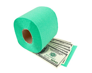 Roll of toilet paper and money isolated on white background