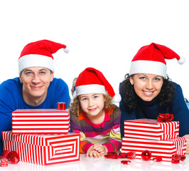 Family in Santa's hat with gift box