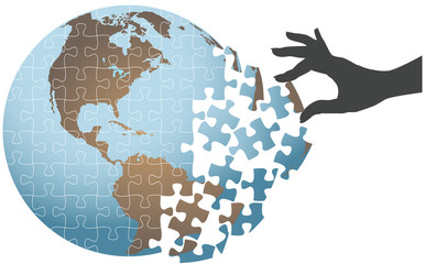 Person hand find global puzzle solution