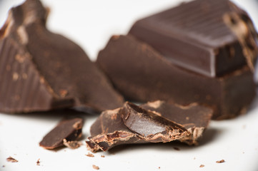 Macro shot of dark chocolate pieces.