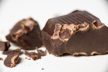 Macro shot of dark chocolate pieces.