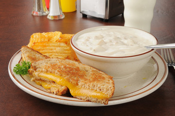 Grilled cheese sandwich with clam chowder