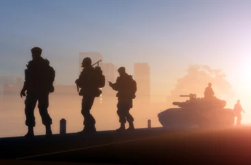 Selbstklebende Fototapete Militär Silhouetten des Militärs im Sonnenlicht.