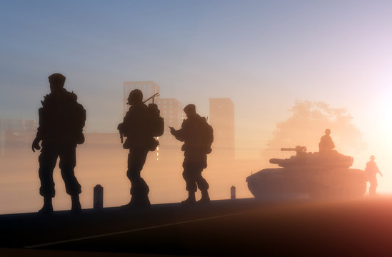 Silhouettes of the military in the sunlight.
