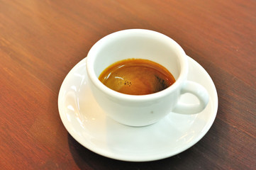 Hot coffee on wooden background, Espresso