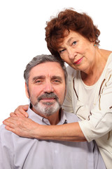 happy senior woman hugs seat man, isolated