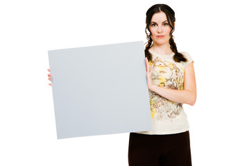 Happy woman holding placard