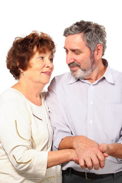 Senior couple hold for hands, hug, isolated, half body