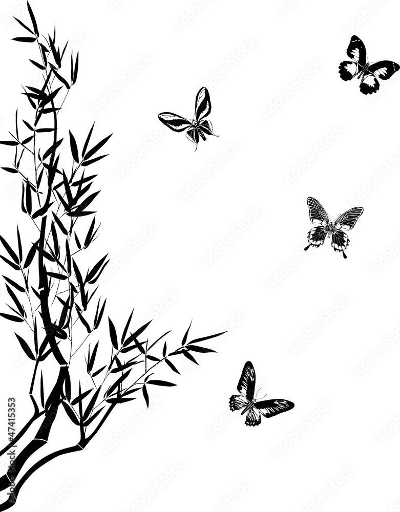 Canvas Prints bamboo and four butterflies silhouettes