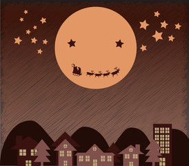 Christmas Background Santa Claus flying upper city beside Moon