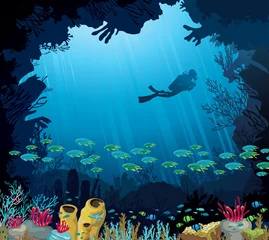 Fotobehang Onderwaterleven - Koraalrifduiker en vissen © Natali Snailcat