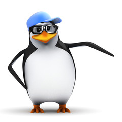 Penguin in baseball cap points over there