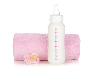 Baby bottle, pacifier and towel