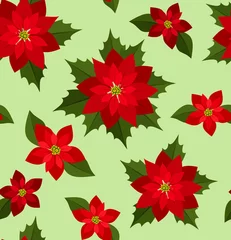 Foto op Plexiglas Vector seamless Christmas background with red poinsettias. © naddya