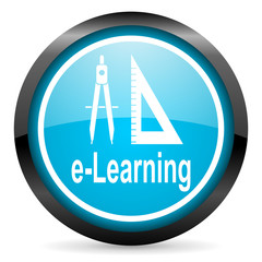 e-learning blue glossy circle icon on white background