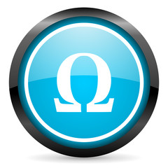 omega blue glossy circle icon on white background