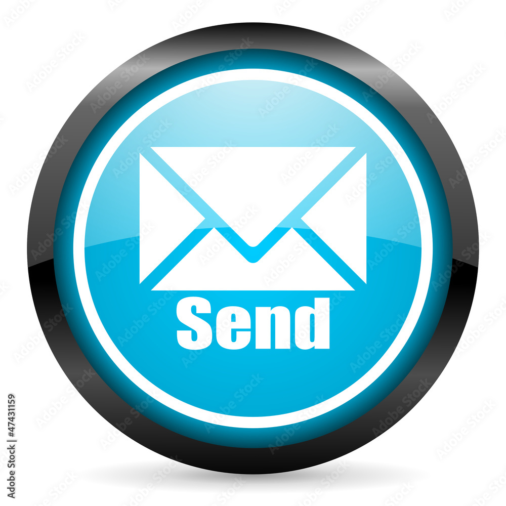Poster send blue glossy circle icon on white background