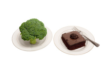 Broccoli and Chocolate Cake on White Plates With a Fork