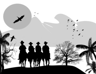 Silhouette cowboys with horses