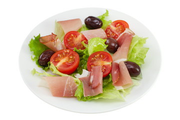 prosciutto salad on the plate on white background